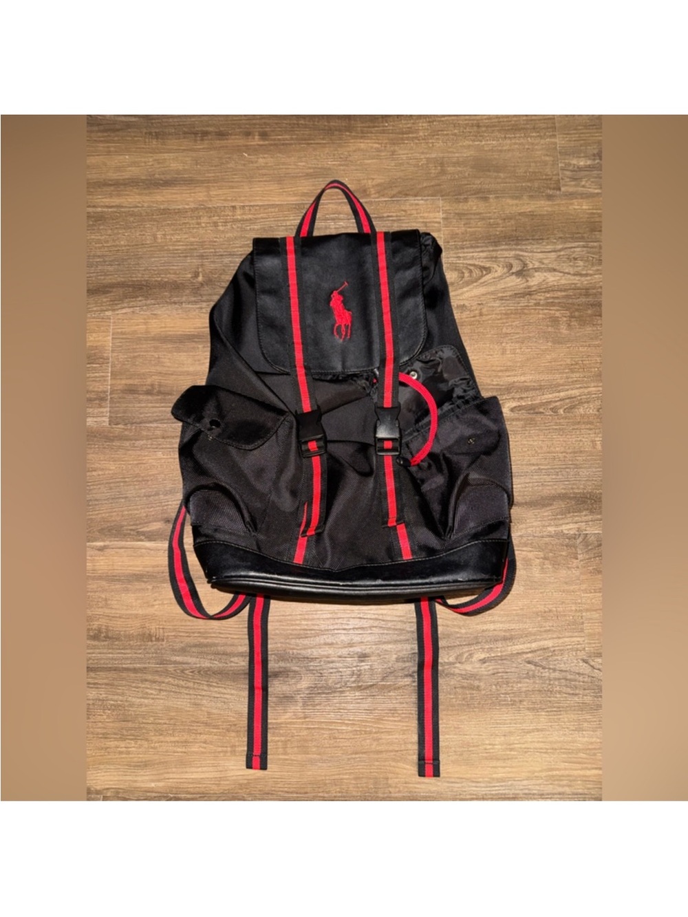 Ralph Lauren Black Backpack with Red Polo Detailing
